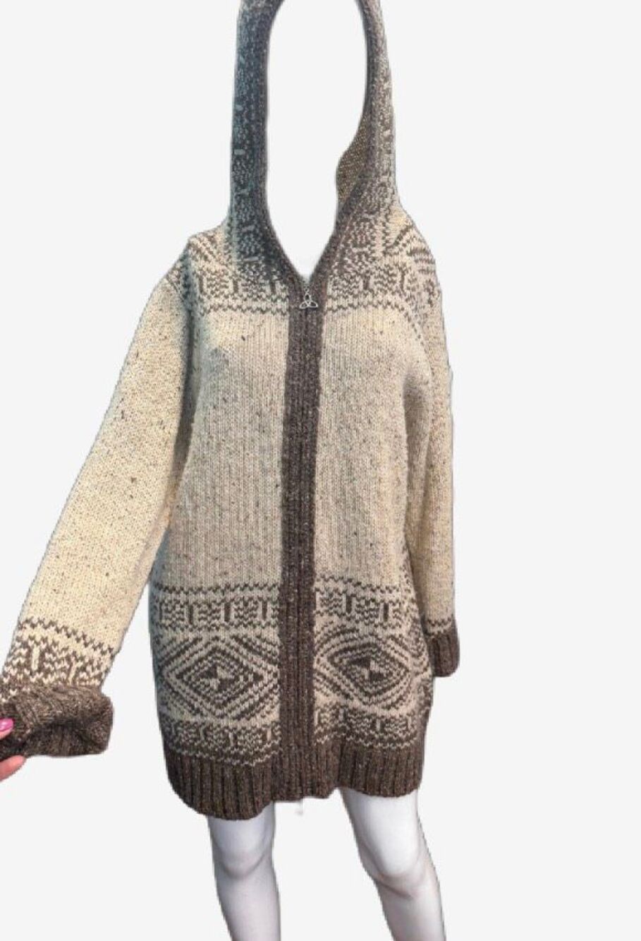 Aran Crafts Ireland Zip Front Hooded Wool Sweater tan Women’s Size Large - Picture 2 of 9